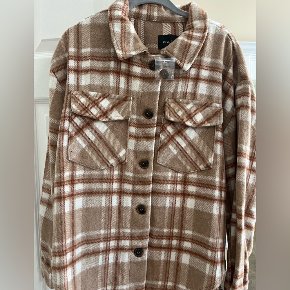 Love Tree Brown and White Utility Jacket Shacket Classic Style